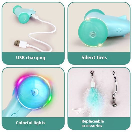 Blue smart cat toy with teal wheels and an attached light blue feather wand, plus a butterfly attachment with bell. - Image 4