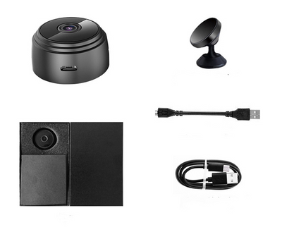 White A9 WIFI wireless network camera with a black lens, shown next to a black 32GB microSD card. - Image 23
