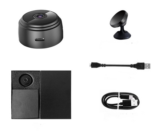 White A9 WIFI wireless network camera with a black lens, shown next to a black 32GB microSD card. - Image 23