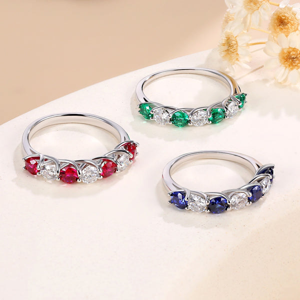 Anillo Apilable 7 Diamantes Rojo y Azul Esmeralda