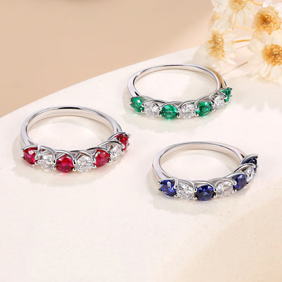 Anillo Apilable 7 Diamantes Rojo y Azul Esmeralda