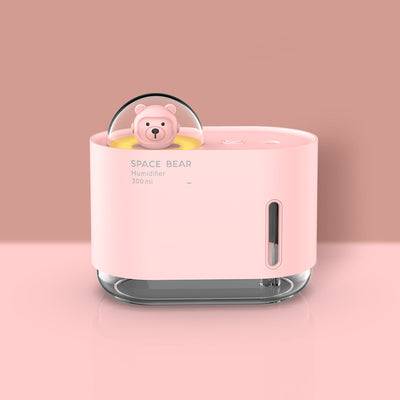 White square humidifier with a clear base, featuring a cute white bear figure in a clear dome, labeled "SPACE BEAR Humidifier 300 ml". - Image 7