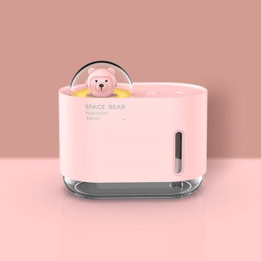 White square humidifier with a clear base, featuring a cute white bear figure in a clear dome, labeled "SPACE BEAR Humidifier 300 ml". - Image 7