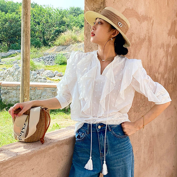 Blusa Blanca Francesa con Mangas Abullonadas