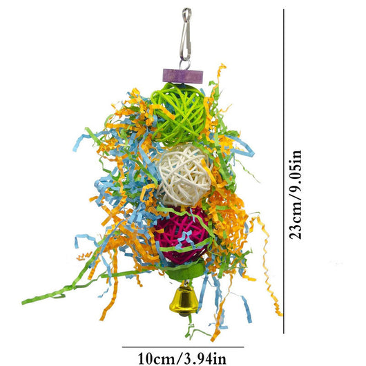 Set of 3 colorful bird toys with rattan balls, shredded paper, wooden blocks, and bells for parrots. - Image 5