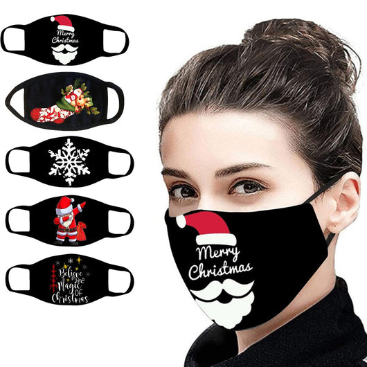 Black face mask with a cartoon print of Santa Claus ice skating with snowmen and Christmas trees. - Image 15