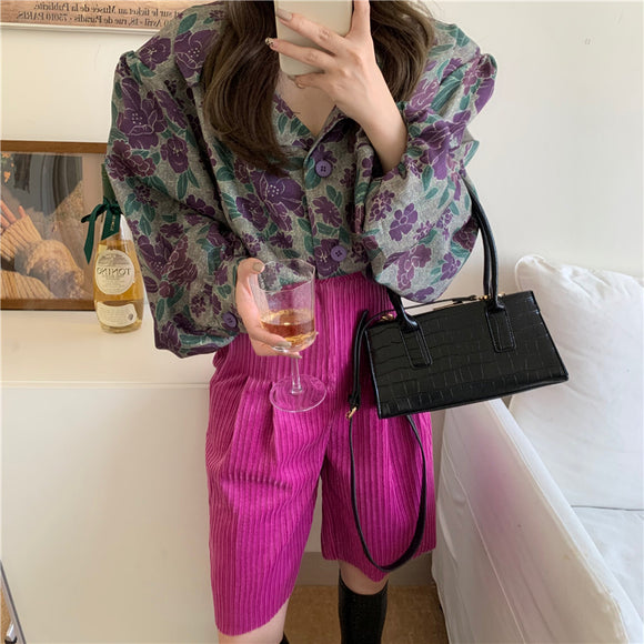 Chaqueta Retro Floral Morada Suelta para Mujer