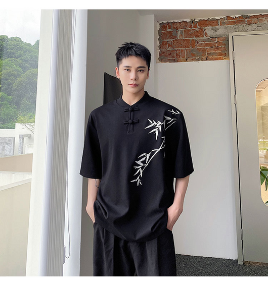 Camisa de Manga Corta con Bordado de Hojas de Bambú para Hombre - Image 18