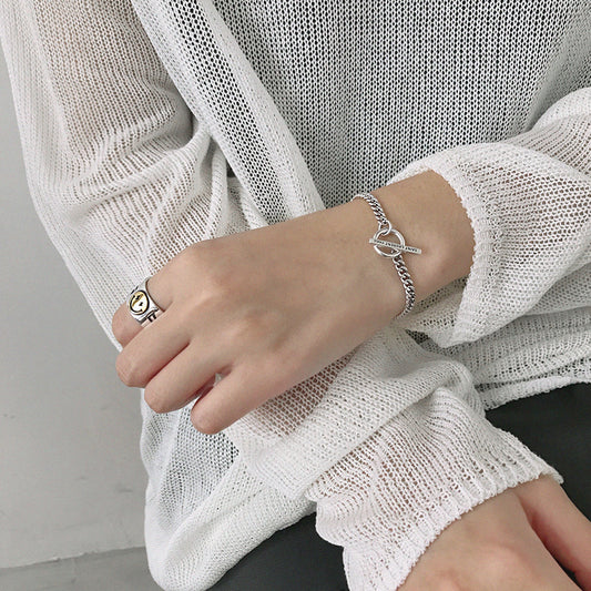 Pulsera Cadena Geométrica Retro con Anillo - Accesorios de Plata Moderna