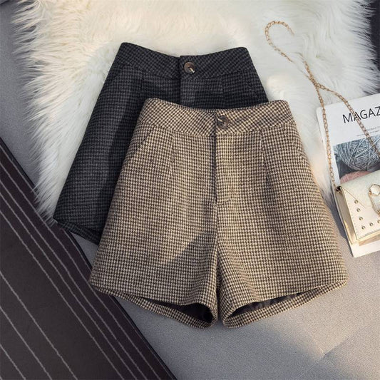 Shorts de Lana Cuadros Cintura Alta Pierna Ancha para Otoño e Invierno - Image 2