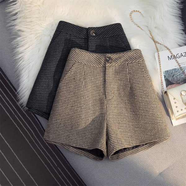 Shorts de Lana Cuadros Cintura Alta Pierna Ancha para Otoño e Invierno