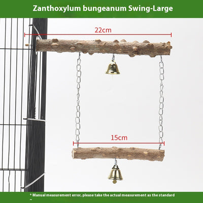 Colorful parrot swing toy with a natural wood perch, an arch of multicolored beads, and two small bells. - Image 4