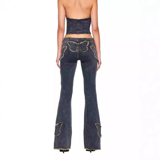Jeans Slim Fit Retro con Bordado de Mariposas para Mujer - Image 4