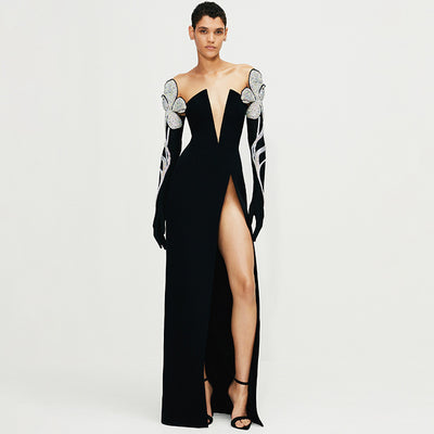 Vestido Bandage Tubo Manga Larga Escote V Estampado Diamante - Image 7