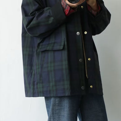Abrigo Retro Cuadrille Verde Estilo Japonés con Cuello Vuelto en Pana - Image 3