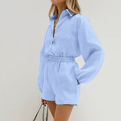 Conjunto Dos Piezas: Camisa Azul de Algodón Manga Larga y Shorts - Image 4