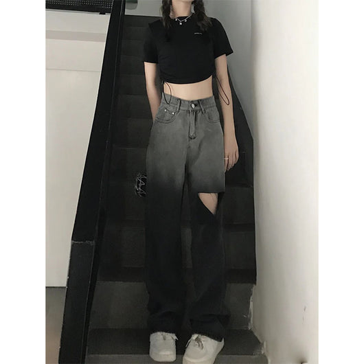 Pantalones Vaqueros Rotos Cintura Alta Pierna Recta Mujer