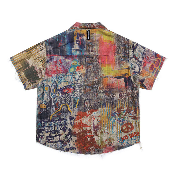 Camisa Corta de Hombre con Diseño Patchwork Cuadros y Graffiti Reversible