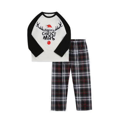 Christmas parent-child pajama set with a white and black raglan long-sleeved top featuring a 'Merry Christmas' reindeer graphic and red, black, and white plaid - Image 4