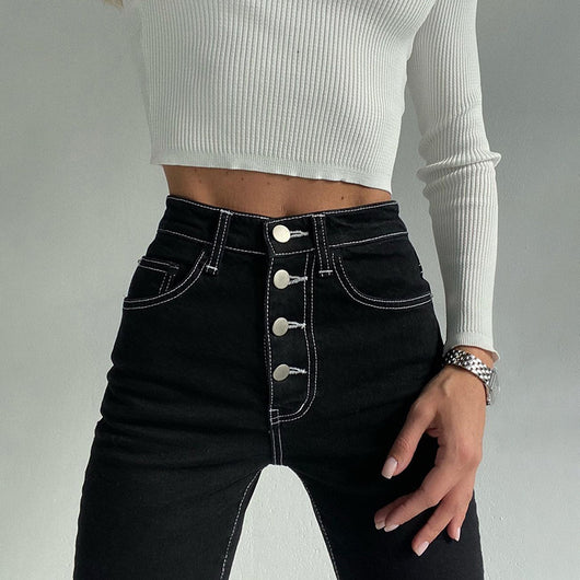 Jeans Negros Rectos con Detalles Expuestos para Mujer - Image 10