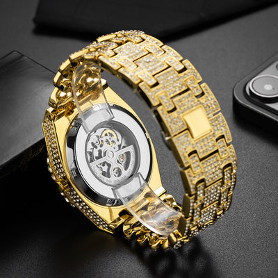 Reloj Automático Hip Hop con Cadena Cubana de Diamantes Completos y Eslabón Hueco - Image 3