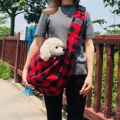 Bolsa Bandolera para Mascotas a Cuadros Rojo y Negro con Correa Ajustable