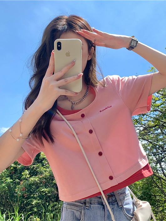 Blusa Dulce de Escote Cuadrado y Manga Corta Falsa de Dos Piezas - Image 6