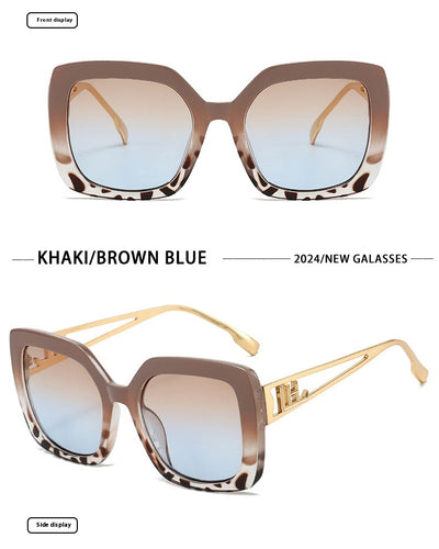 Women's square fashion sunglasses with red and green gradient tortoise shell frames and gradient purple-to-yellow lenses. - Image 14