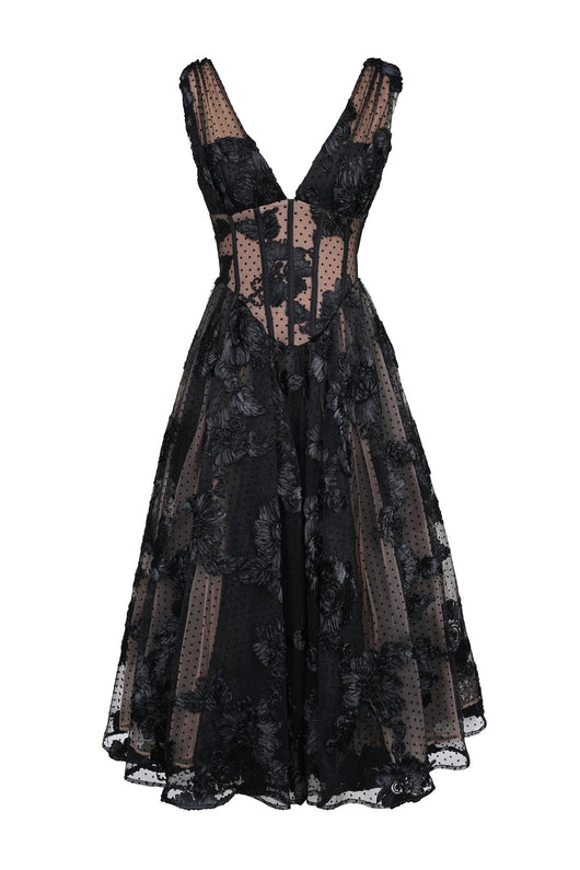 Vestido de Noche Elegante Negro Escote en V Profundo Malla - Image 10