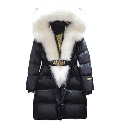 Chaqueta de Pato con Plumón y Cuello de Zorro Real - Abrigo Cálido Dorado Negro - Image 6