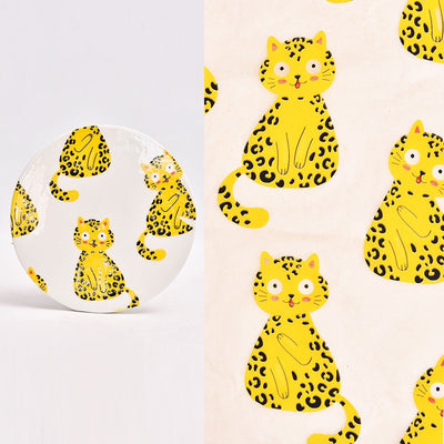 Ceramic plate with yellow cartoon leopard cat underglaze decals and a sheet of the same decals. - Image 16