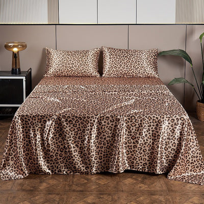Juego de Sábanas Satinadas de Seda Artificial con Estampado Leopardo Plateado - 4 Piezas - Image 7