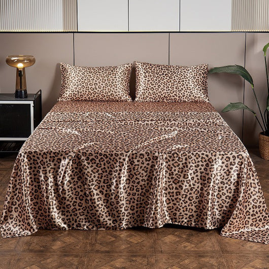 Juego de Sábanas Satinadas de Seda Artificial con Estampado Leopardo Plateado - 4 Piezas - Image 7