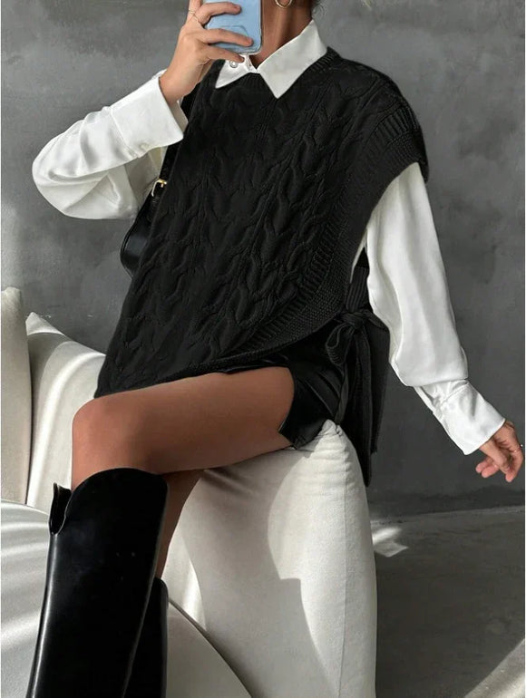 Chaleco Tejido Casual con Cuello V y Amarre Decorativo