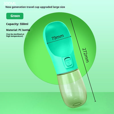 Pink portable pet water bottle with integrated feeder bowl, clear reservoir, and dispensing button for dogs. - Image 27