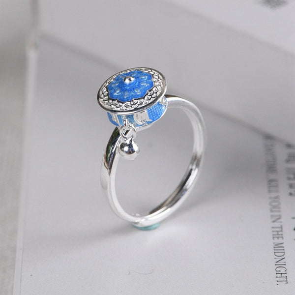 Anillo de Plata con Cloisonné Azul y Mantra de Seis Caracteres