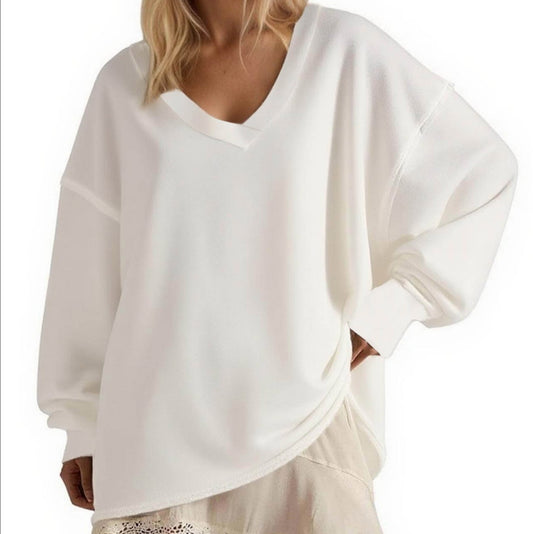 Blusa Suelta de Cuello V y Manga Larga en Colores Lisos para Mujer