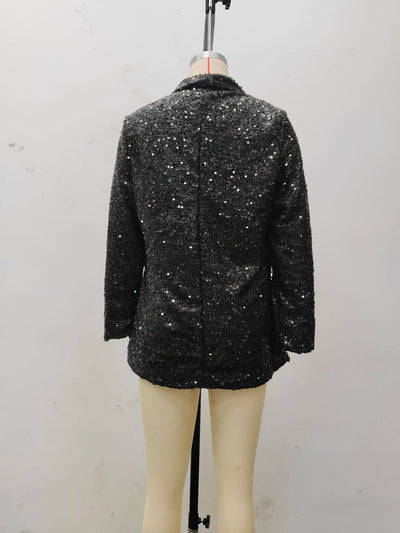 Blusa Larga Negra Mujer Cuello V Doble Botonadura con Lentejuelas Ajustada - Image 14