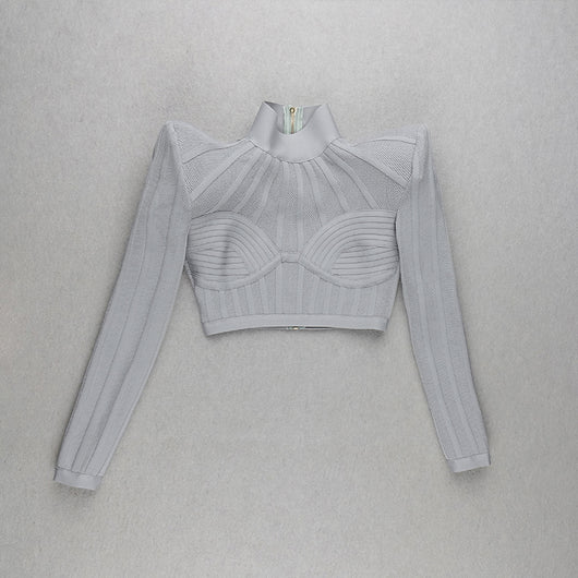 Blusa Jacquard Manga Larga con Cintura Ajustada