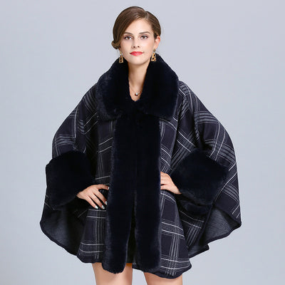 Poncho Cuadriculado para Mujer con Cuello de Pelaje Sintético Zorro - Abrigo Invierno - Image 4