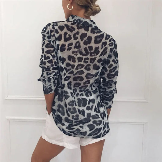 Blusa Vintage Leopardo Manga Larga Cuello Solapa Oficina Talla Grande - Image 11