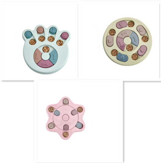 Paw-shaped dog puzzle feeder toy in light yellow with colorful sliding covers, filled with kibble. - Image 10