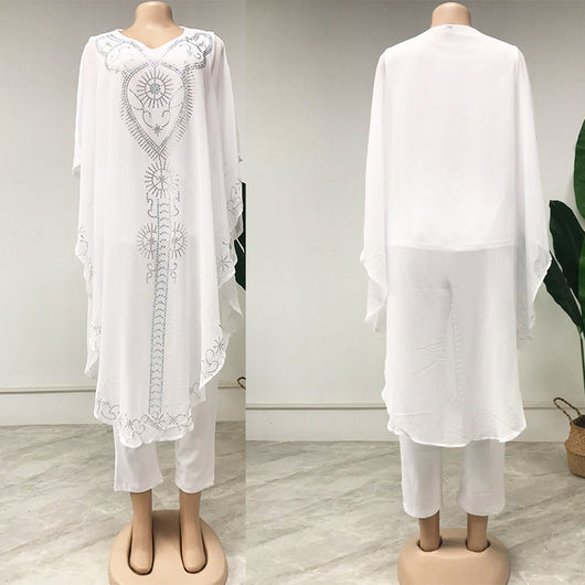 Conjunto de 3 Piezas Africano para Mujer: Blusa Chiffon Brillante y Pantalón Talla Grande - Image 4