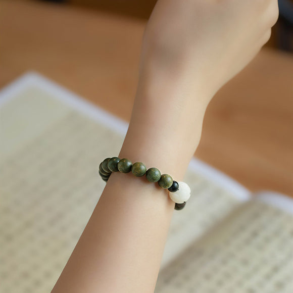 Pulsera Budista de Sándalo Verde y Loto Bodhi Blanco - Estilo Étnico