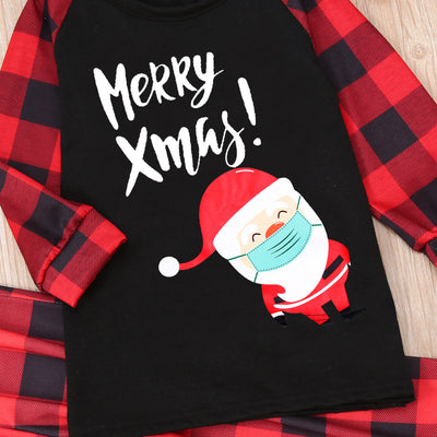 Family matching Christmas pajamas with black tops, red plaid sleeves, and Santa wearing a mask, paired with red plaid pants. - Image 23