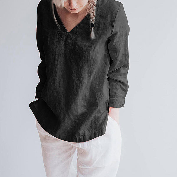 Blusa de Lino Puro Cuello V Manga Larga para Mujer - Image 4