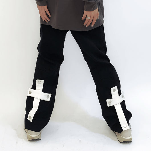 Pantalones Rectos Holgados Street Fashion con Parche de Hebilla Metálica