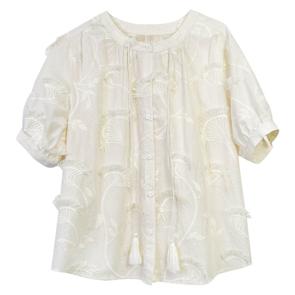Blusa Mujer Manga Corta Estilo Francés con Bordado Elegante