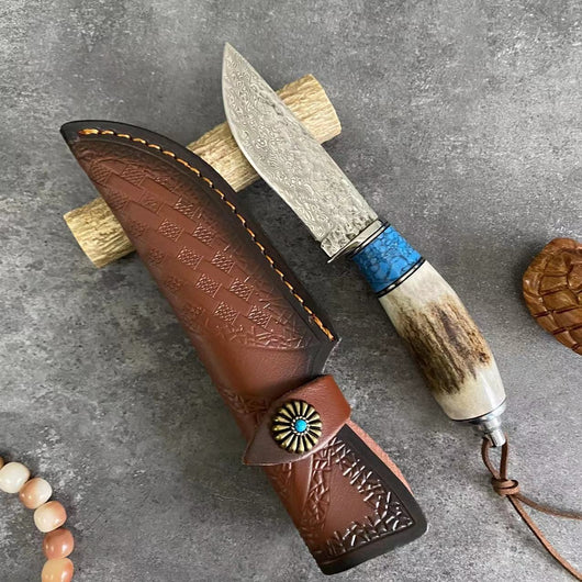 Cuchillo de Asta de Venado con Acero Damasceno y Mango Turquesa - Image 7