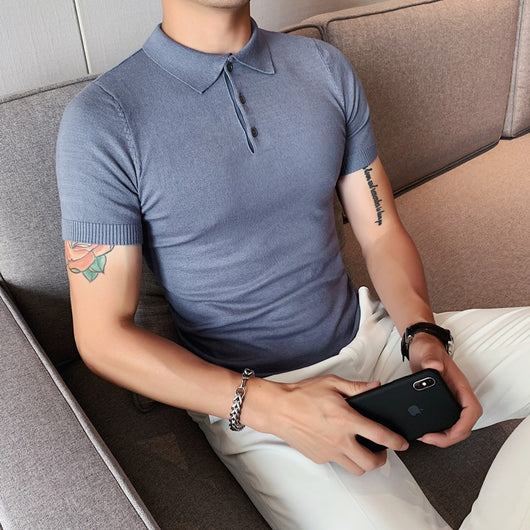 Camiseta Hombre Slim Fit Cuello Solapa Seda de Hielo Gris Verano - Image 3